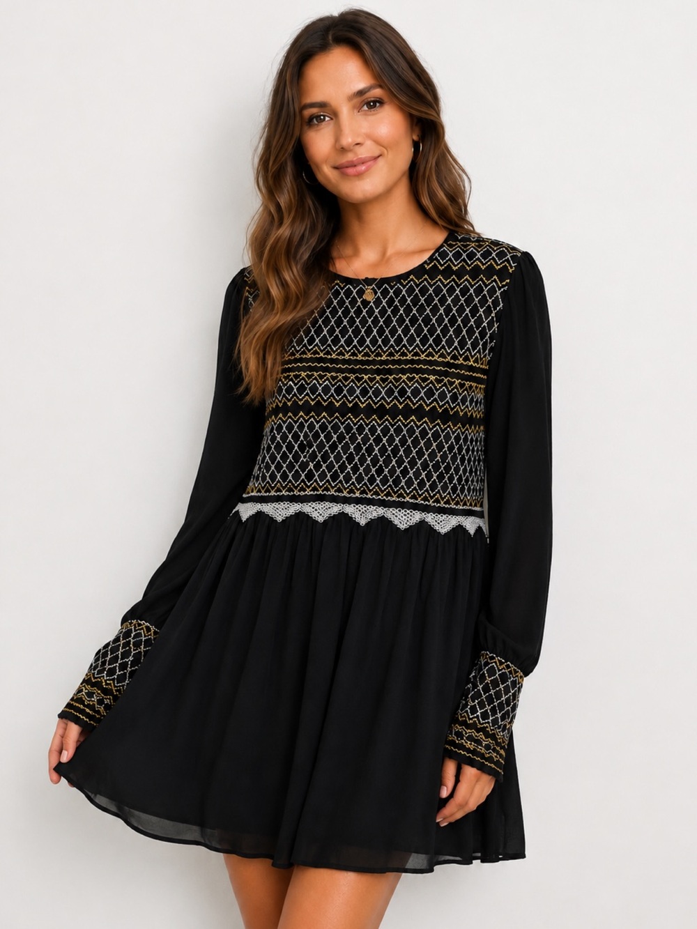 Free People Black Embroidered Boho Mini Dress Long Sleeve - Size M